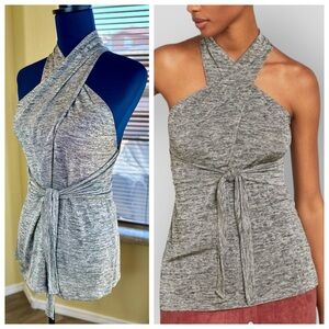 NEW! BCBGMaxAzria Space-Dyed Taupe/Gray Knit Crisscross Tie-Front Blouse